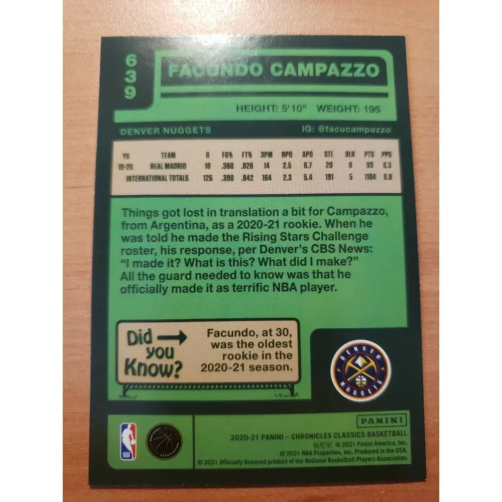 Facundo Campazzo 2020-2021 Panini Classics #639 - Rookie - Denver Nuggets - NBA - Picture 2 of 2
